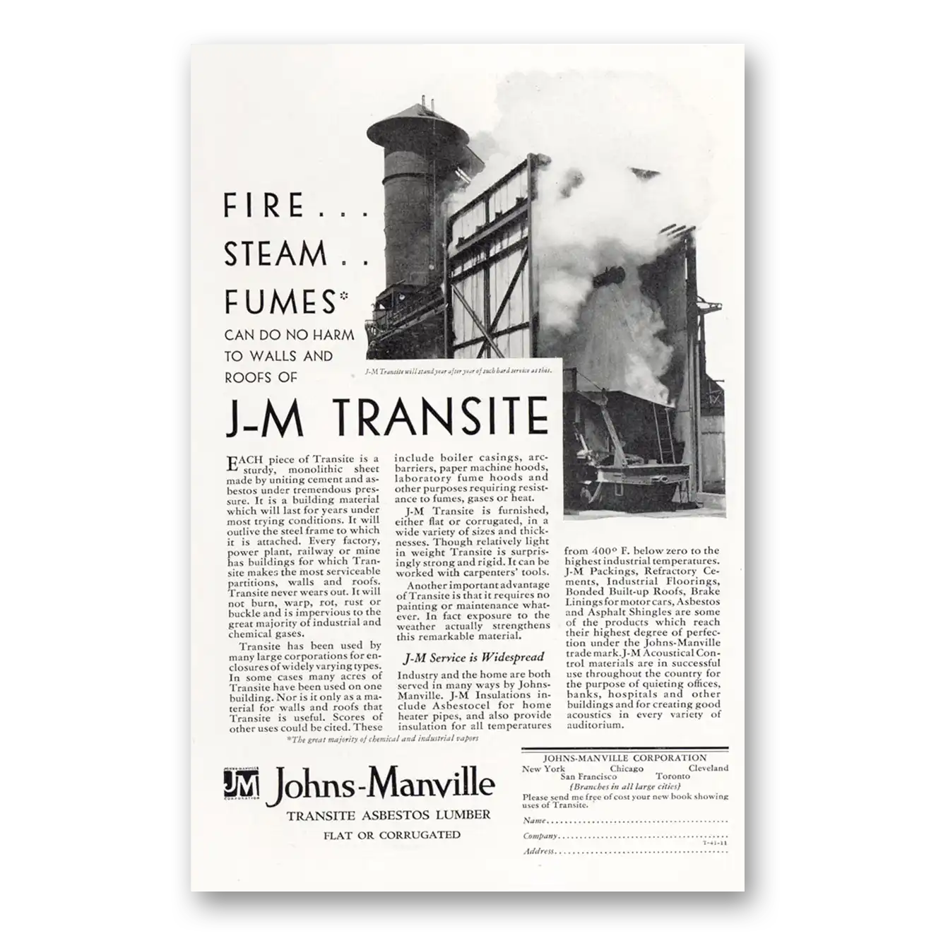 1929 Johns Manville Fire Steam Fumes Can Do No Harm Vintage Magazine Print Ad