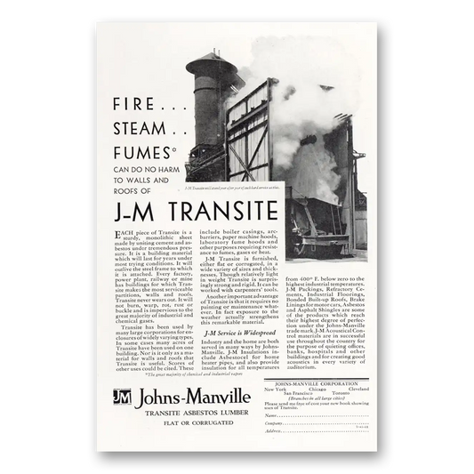 1929 Johns Manville Fire Steam Fumes Can Do No Harm Vintage Magazine Print Ad