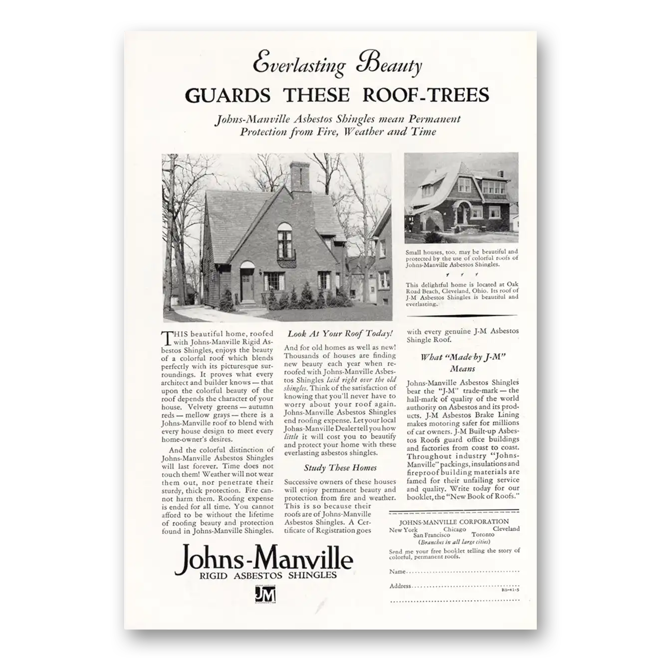 1929 Johns Manville Guarded These Roof Trees Vintage Magazine Print Ad