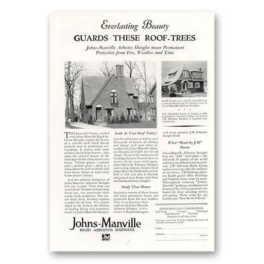 1929 Johns Manville Guarded These Roof Trees Vintage Magazine Print Ad