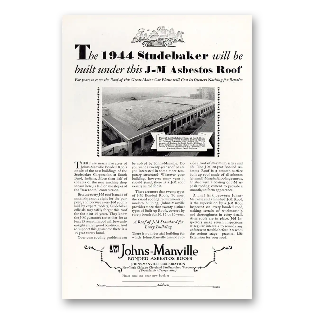 1929 Johns Manville Studebaker Will be Built Under this JM Asbestos Roof Vintage Magazine Print Ad