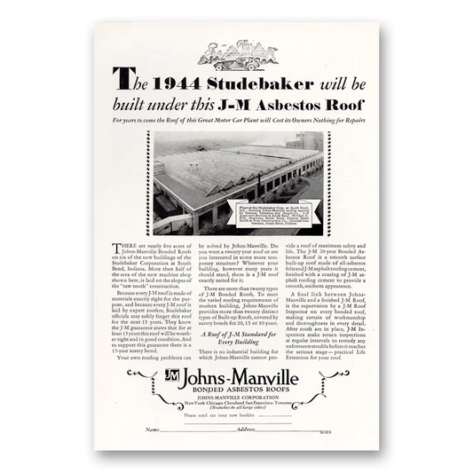 1929 Johns Manville Studebaker Will be Built Under this JM Asbestos Roof Vintage Magazine Print Ad