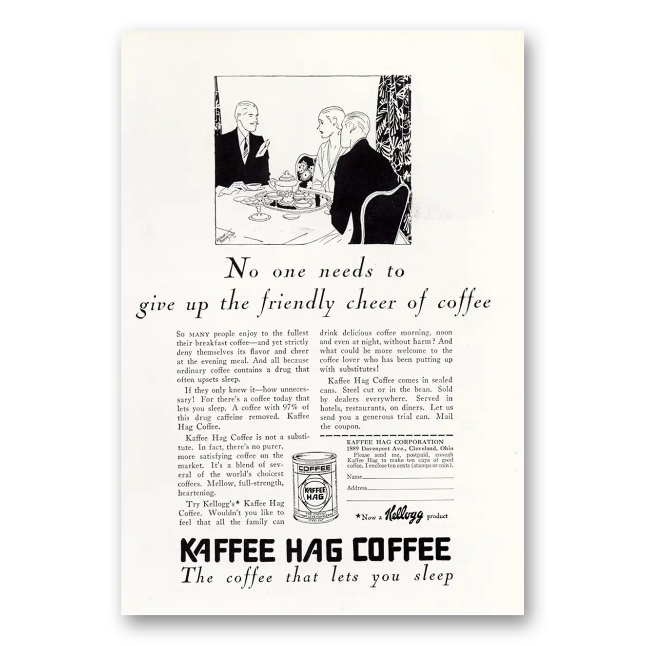 1929 Kaffee Hag Coffee No One Needs To Give Up Vintage Magazine Print Ad