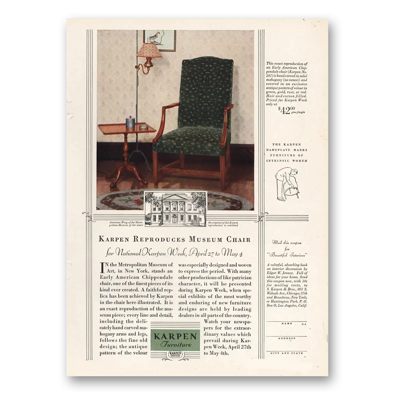 1929 Karpen Furniture Reproduces Museum Chair Vintage Magazine Print Ad