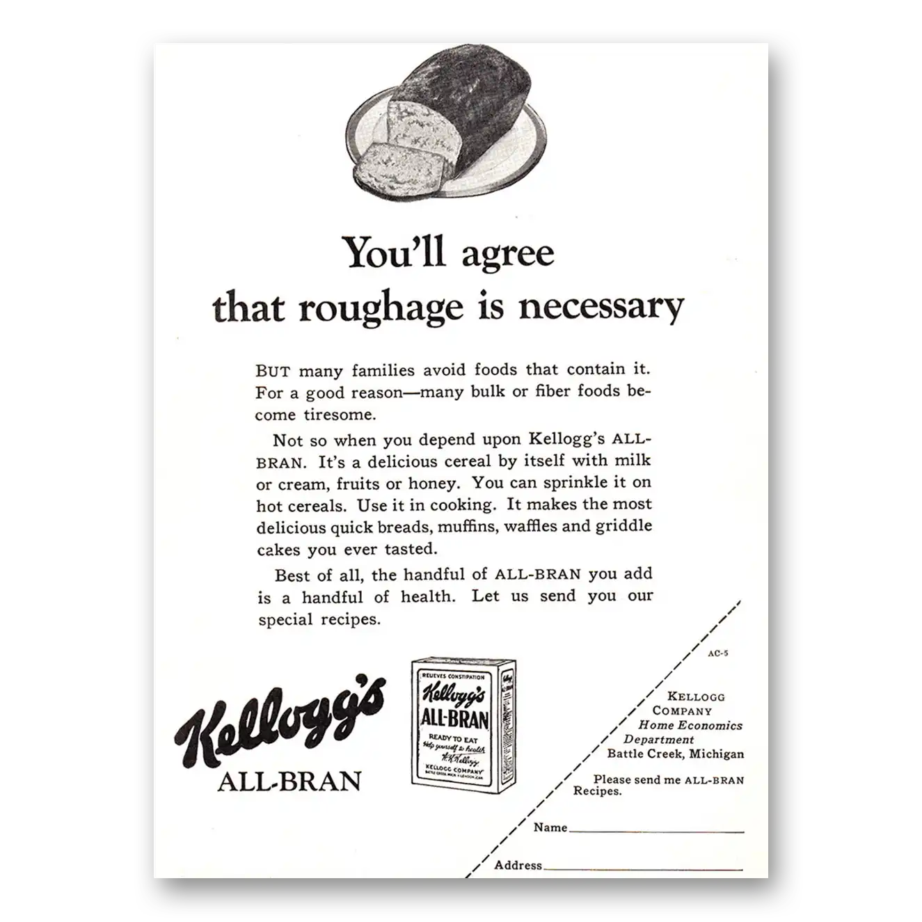 1929 Kelloggs All Bran Cereal Roughage is Necessary Vintage Magazine Print Ad