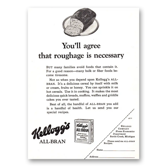 1929 Kelloggs All Bran Cereal Roughage is Necessary Vintage Magazine Print Ad