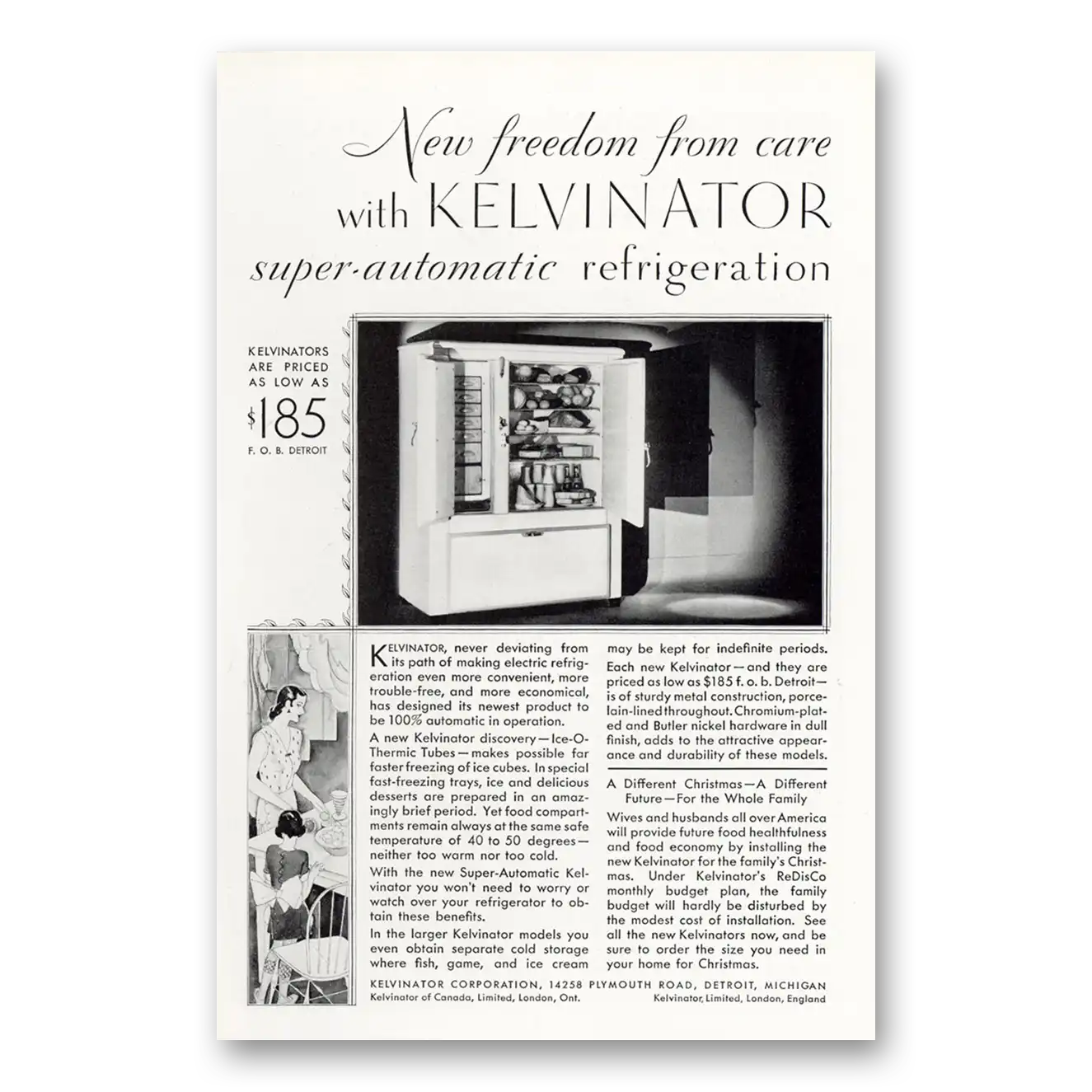 1929 Kelvinator Refrigerator New Freedom From Care Vintage Magazine Print Ad