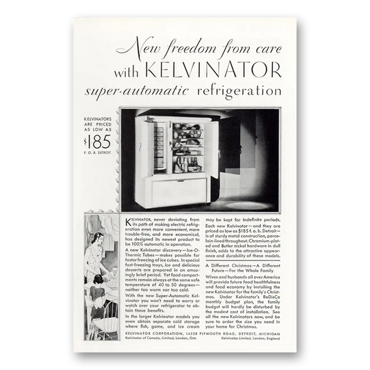 1929 Kelvinator Refrigerator New Freedom From Care Vintage Magazine Print Ad