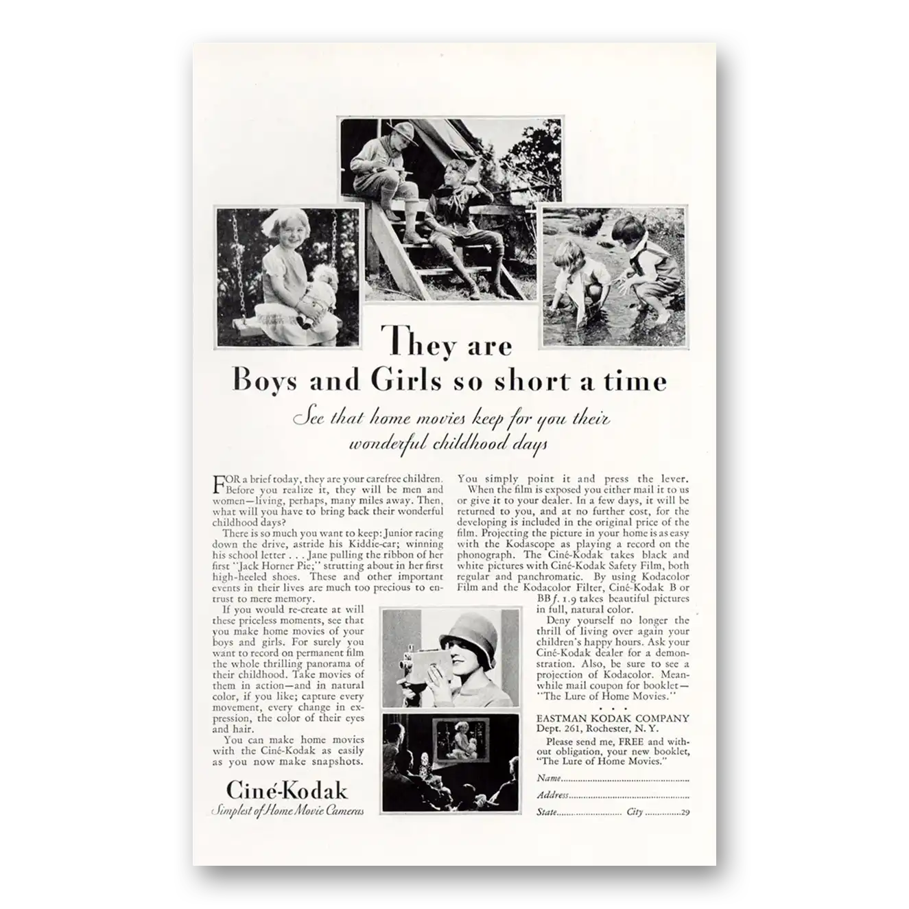 1929 Cine Kodak Camera Boys and Girls So Short a Time Vintage Magazine Print Ad