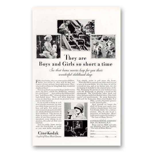 1929 Cine Kodak Camera Boys and Girls So Short a Time Vintage Magazine Print Ad