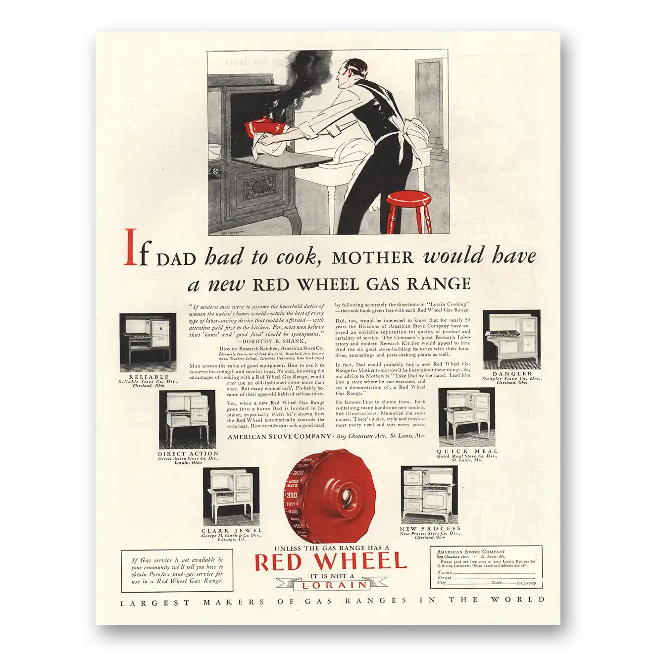 1929 Lorain Gas Ranges Red Wheel Gas Range Vintage Magazine Print Ad