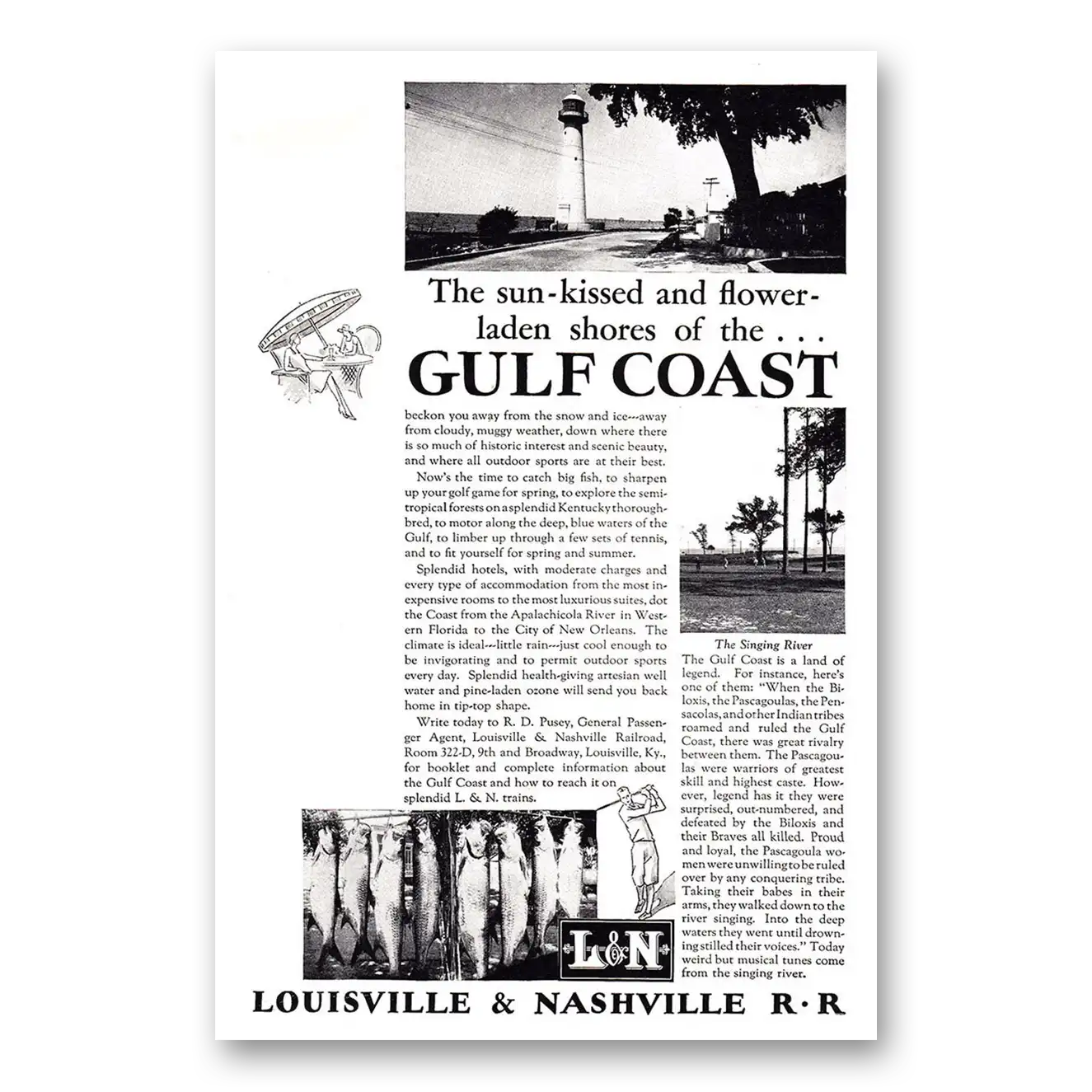 1929 Louisville & Nashville Railroad Sun Kissed and Flower Laden Shores Vintage Magazine Print Ad