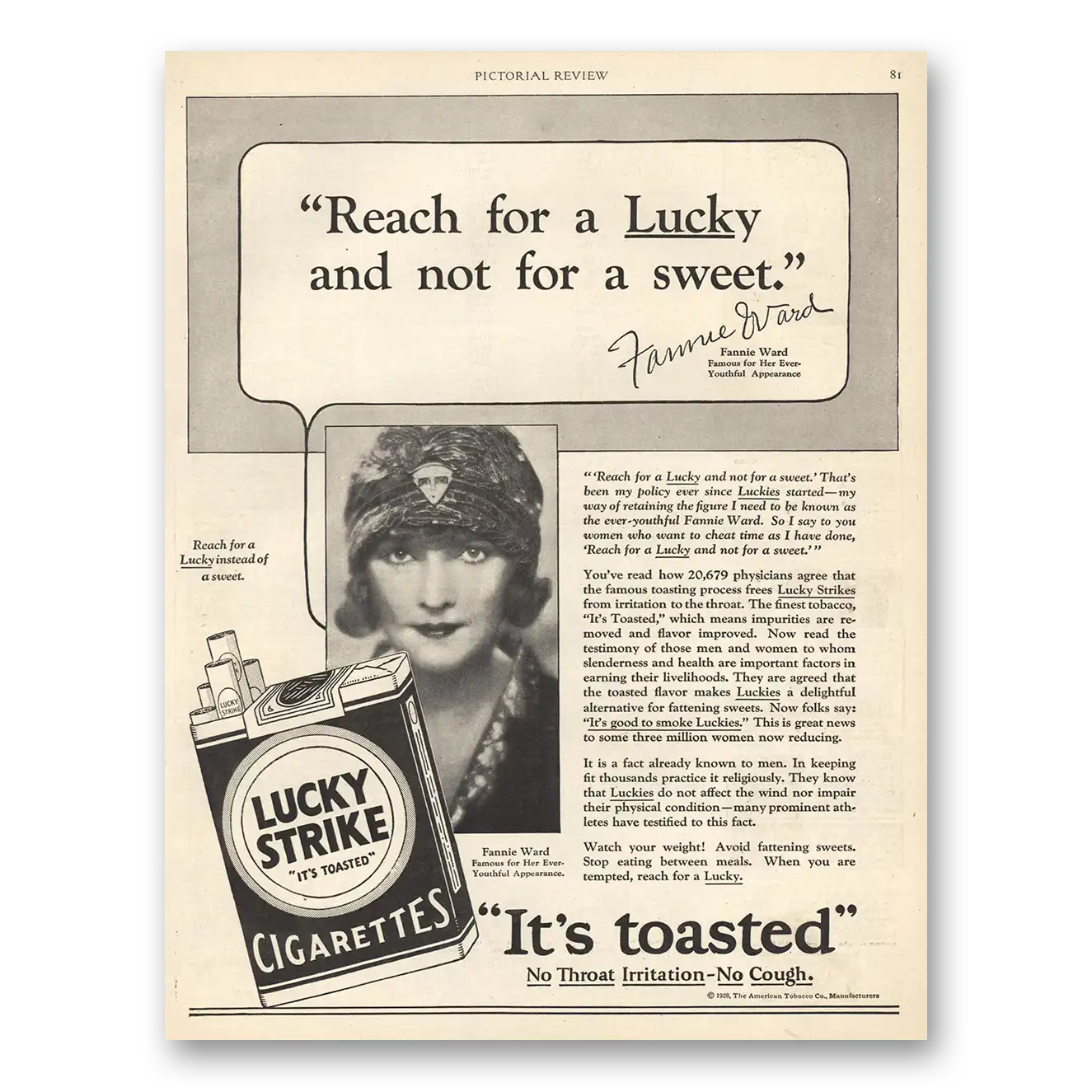 1929 Lucky Strike Cigarettes Fannie Ward Vintage Magazine Print Ad