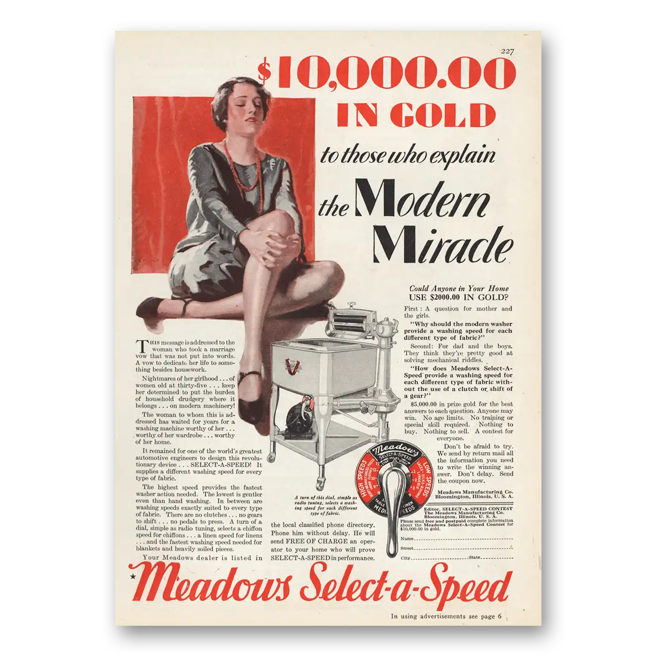 1929 Meadows Select a Speed Washer Modern Miracle Vintage Magazine Print Ad