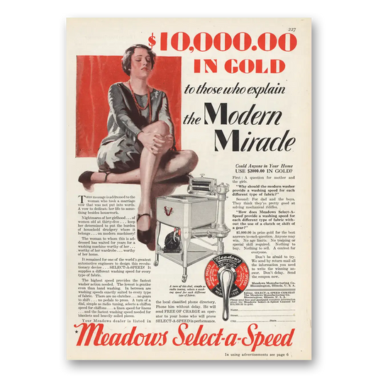 1929 Meadows Select a Speed Washer Modern Miracle Vintage Magazine Print Ad