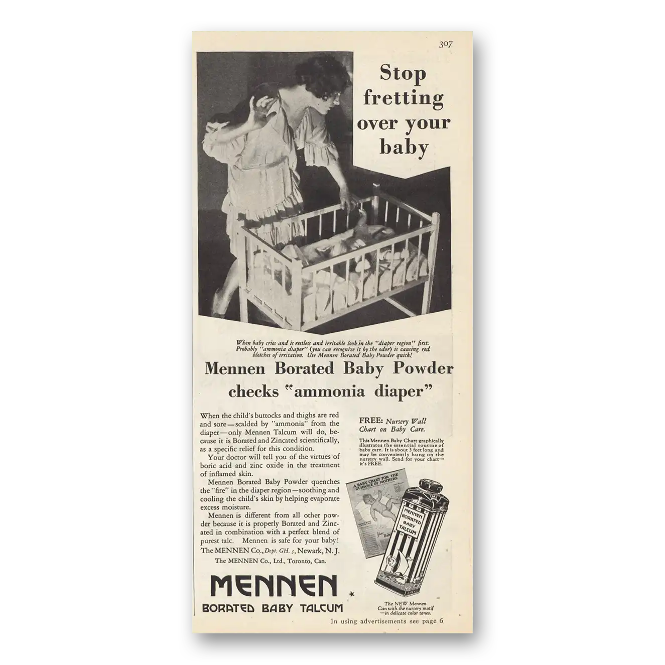 1929 Mennen Borated Baby Powder Fretting Over Your Baby Vintage Magazine Print Ad