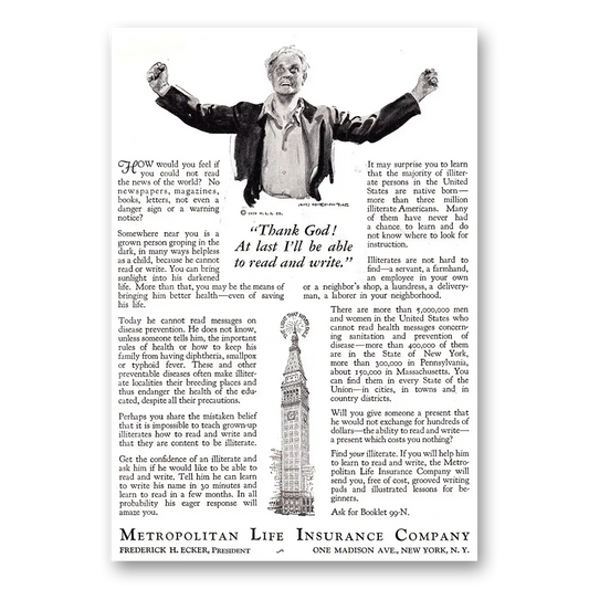 1929 Metropolitan Life Insurance Thank God At Last I'll Be Able to Read and Write Vintage Magazine Print Ad