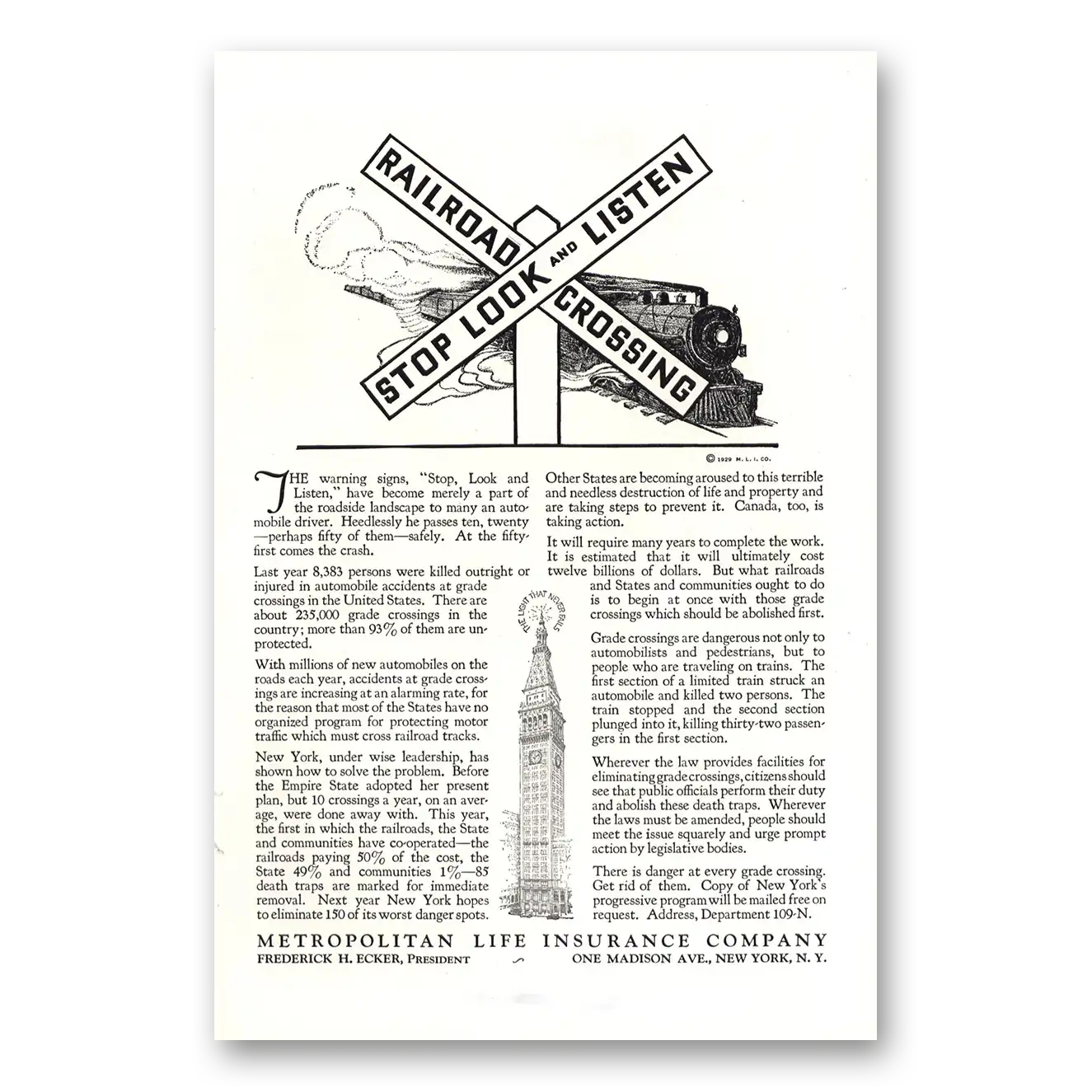 1929 Metropolitan Life Insurance Railroad Crossing Vintage Magazine Print Ad