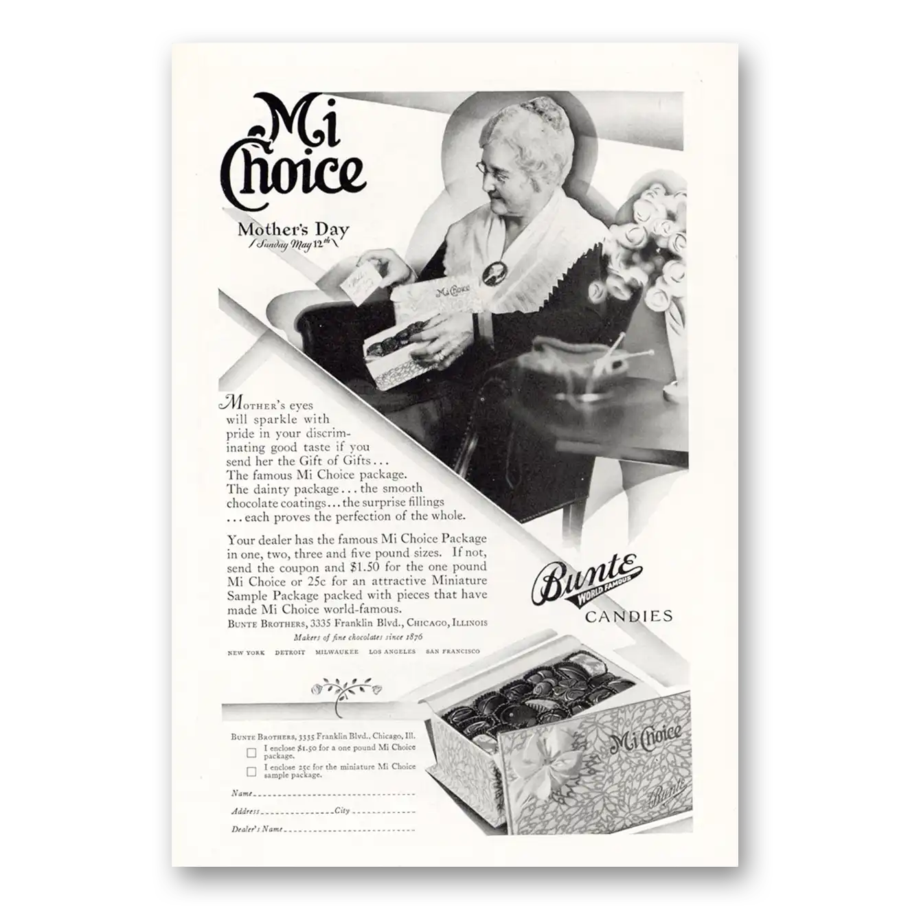 1929 Bunte Mi Choice Chocolates Mothers Day Vintage Magazine Print Ad