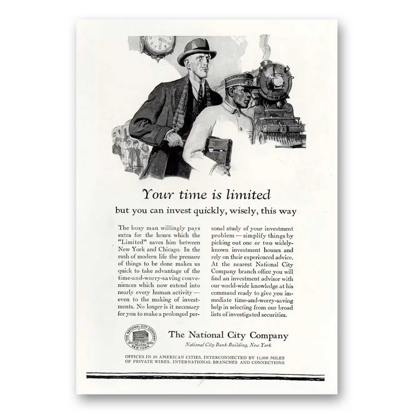 1929 National City Bank Your Time Is Limited Vintage Magazine Print Ad