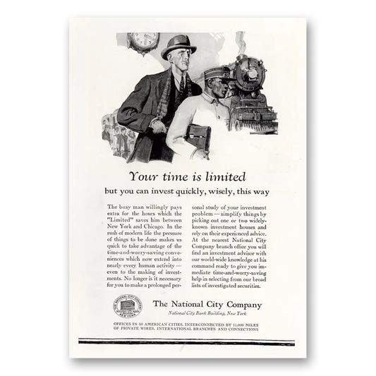 1929 National City Bank Your Time Is Limited Vintage Magazine Print Ad