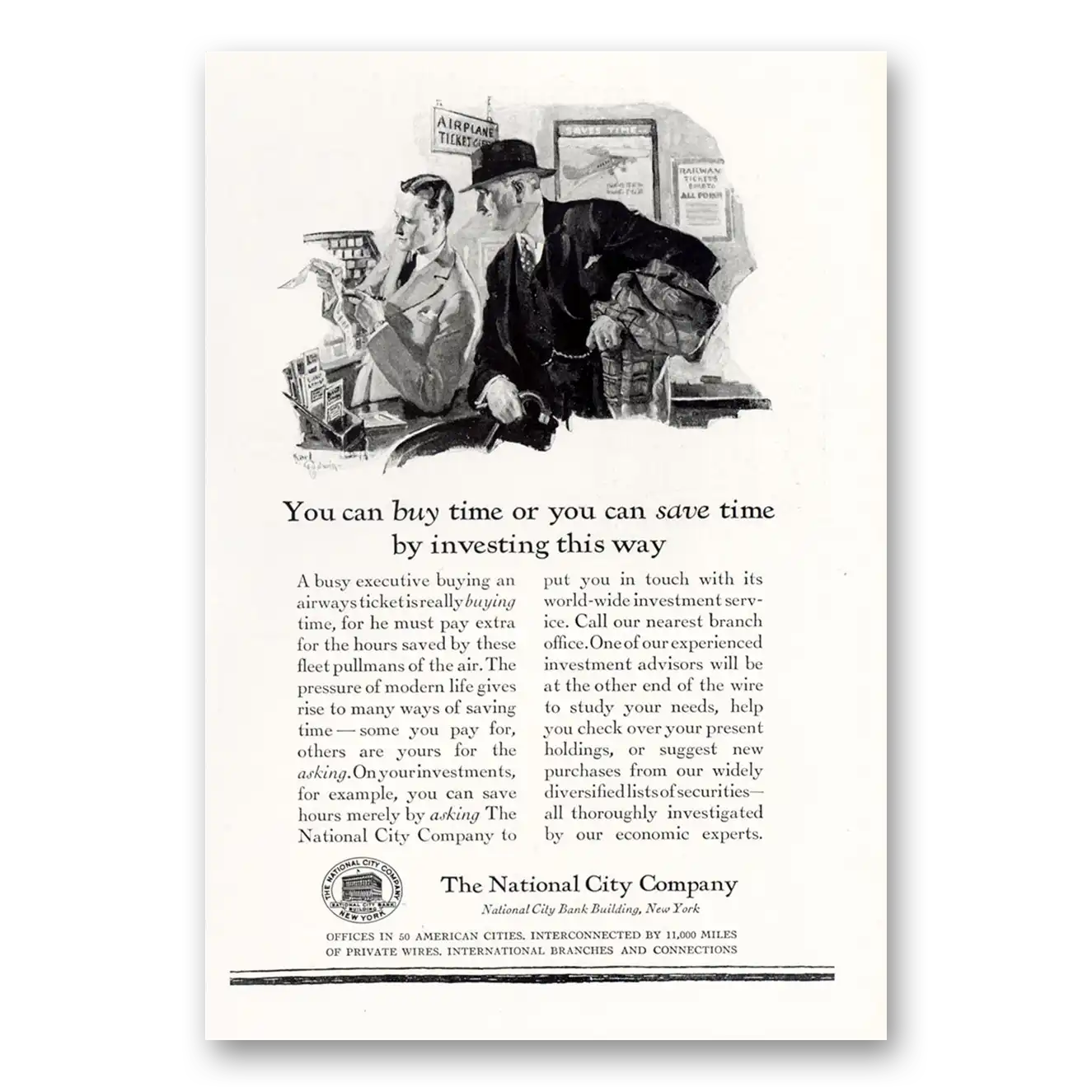 1929 National City Company Buy Time or You Can Save Time Vintage Magazine Print Ad