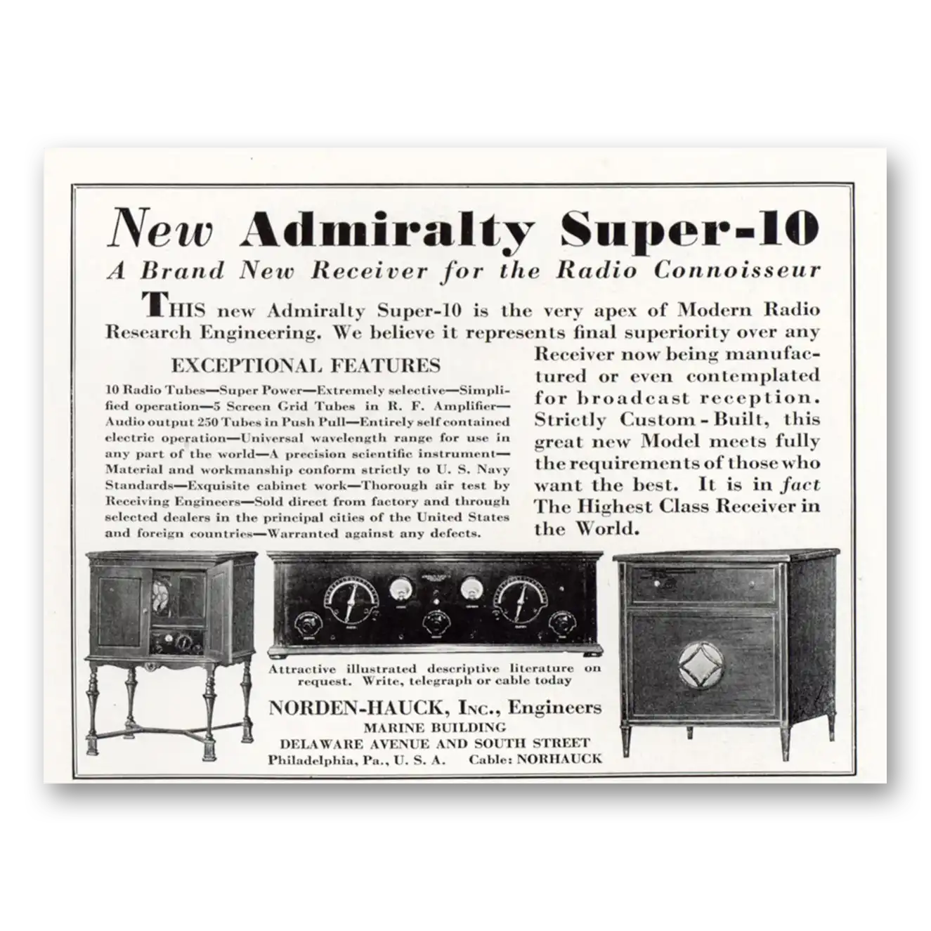 1929 Norden-Hauck Receiver Engineers Admiralty Super 10 Vintage Magazine Print Ad