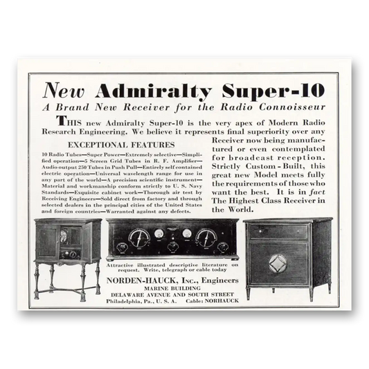 1929 Norden-Hauck Receiver Engineers Admiralty Super 10 Vintage Magazine Print Ad