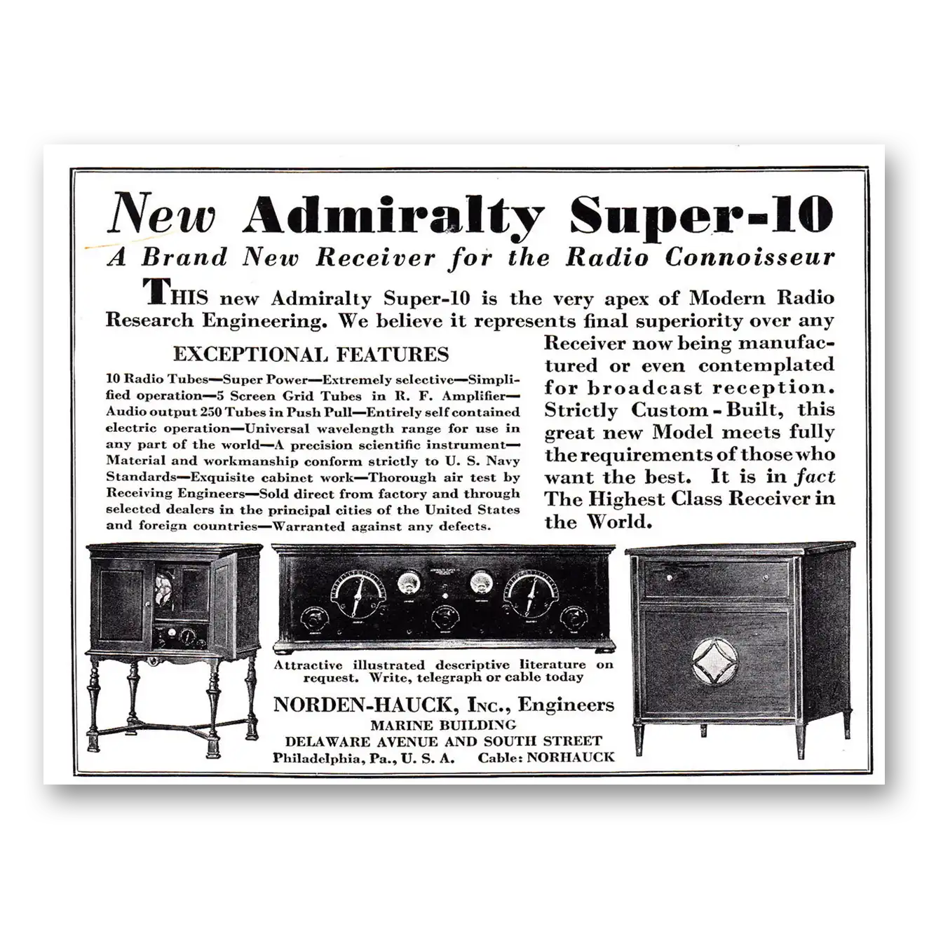 1929 Norden-Hauck Receiver Admiralty Super Vintage Magazine Print Ad