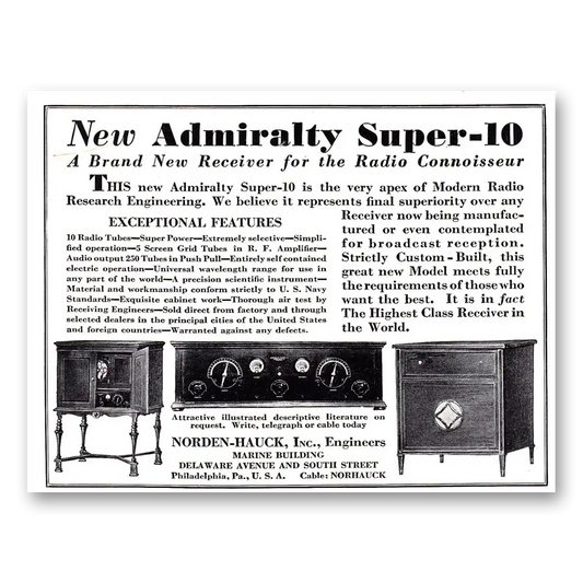 1929 Norden-Hauck Receiver Admiralty Super Vintage Magazine Print Ad