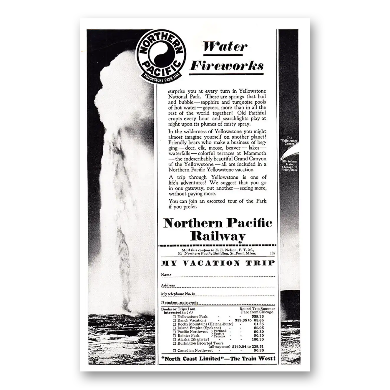 1929 Northern Pacific Railway Water Fireworks Vintage Magazine Print Ad