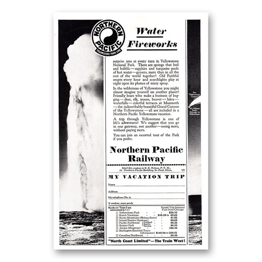 1929 Northern Pacific Railway Water Fireworks Vintage Magazine Print Ad