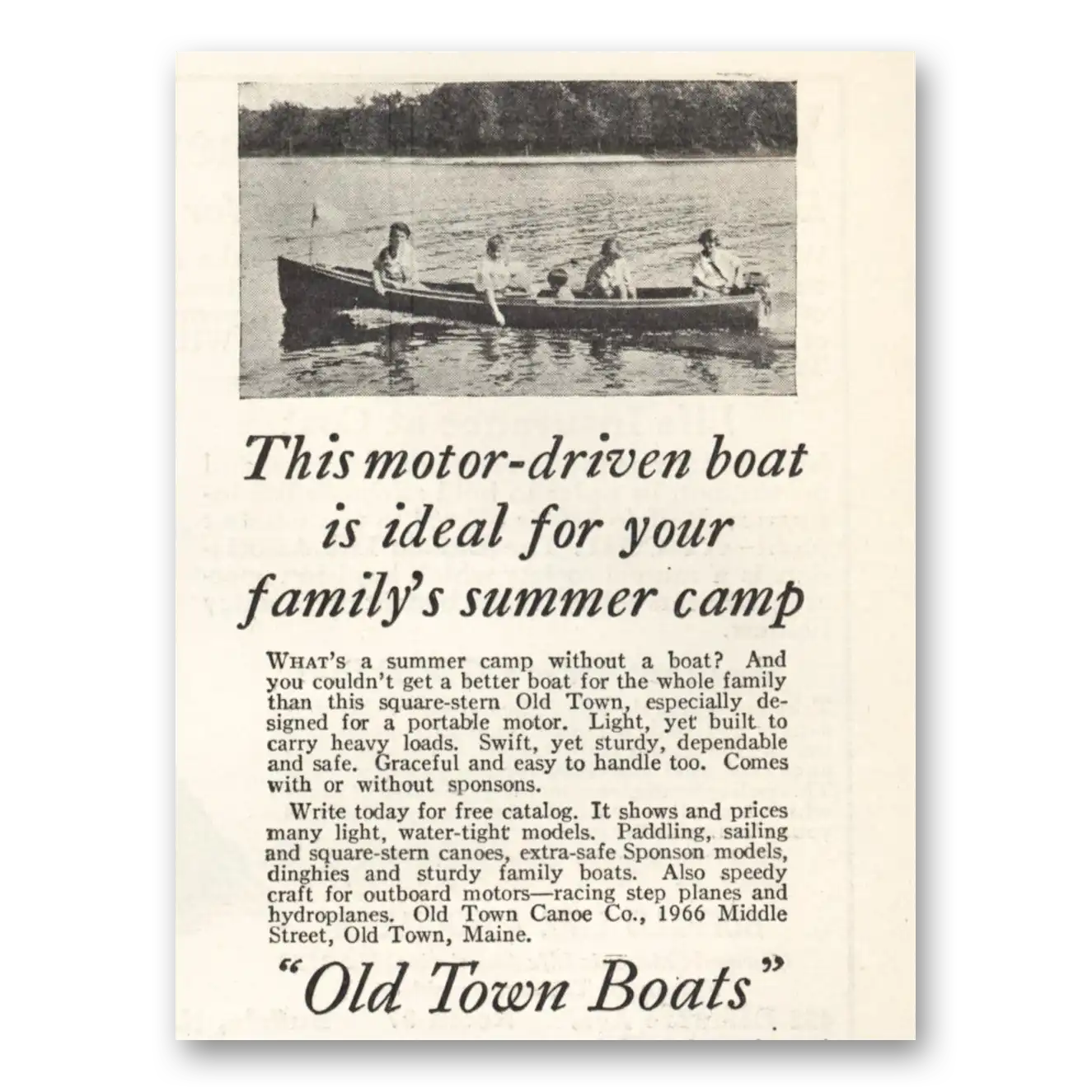 1929 Old Town Boats Motor Driven Boat Family Summer Camp Vintage Magazine Print Ad