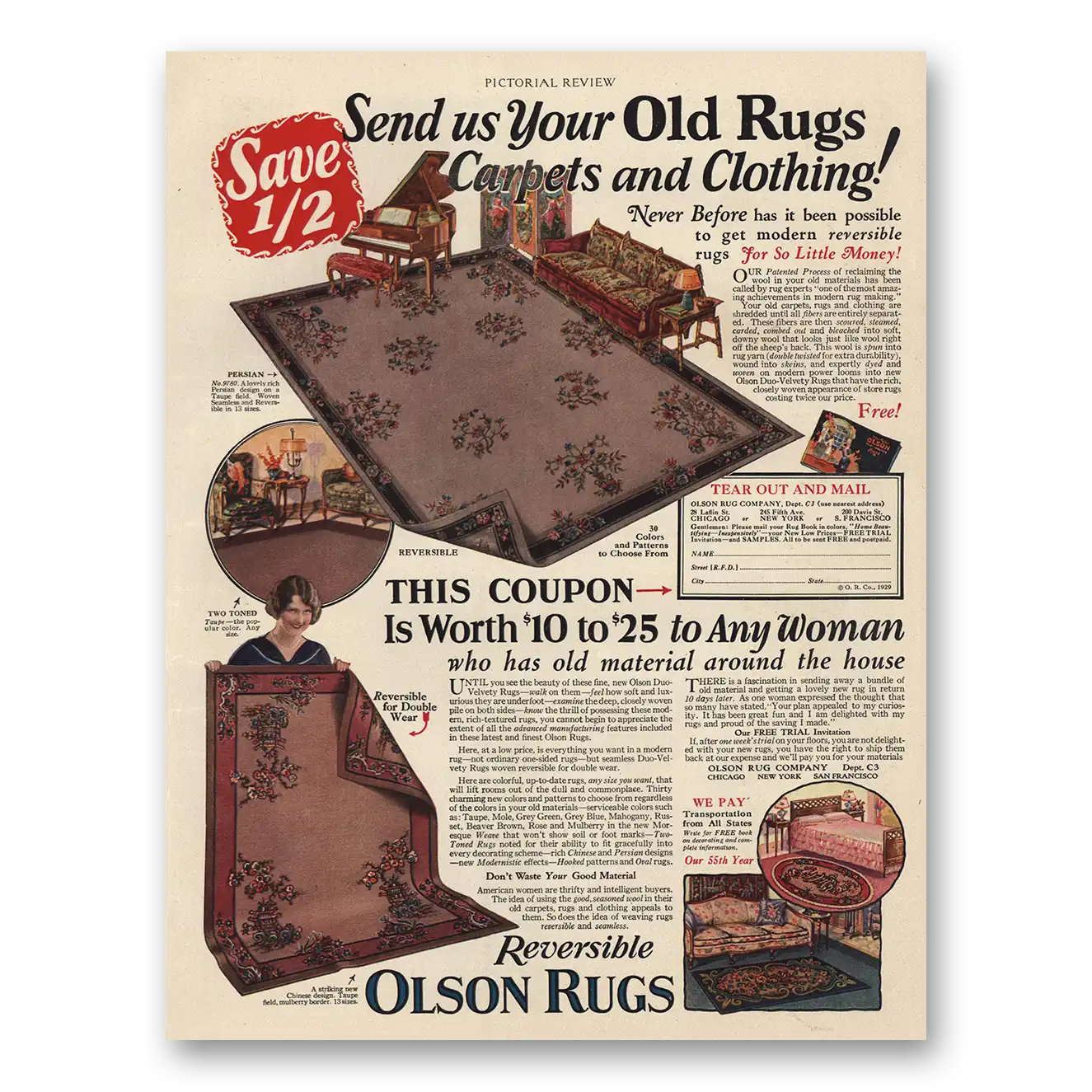 1929 Olson Rug Send Us Your Old Rugs Vintage Magazine Print Ad