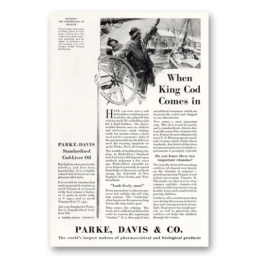 1929 Parke-Davis When King Cod Comes In Vintage Magazine Print Ad