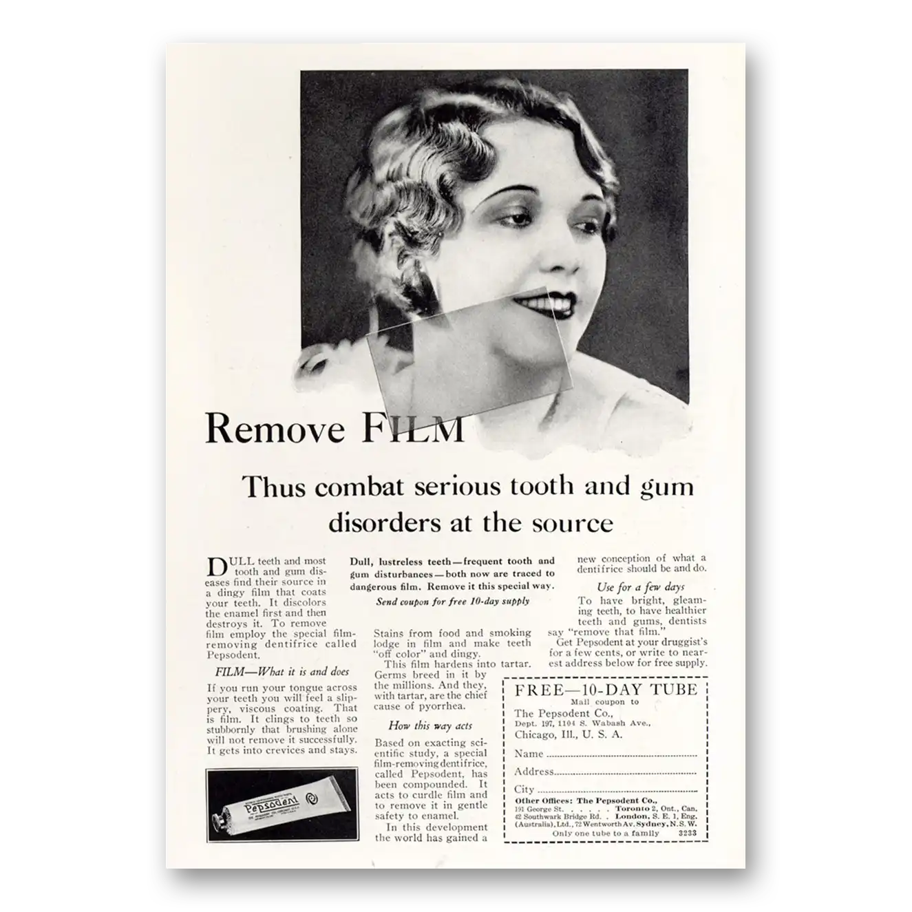 1929 Pepsodent Remove Film Thus Combat Serious Tooth Vintage Magazine Print Ad