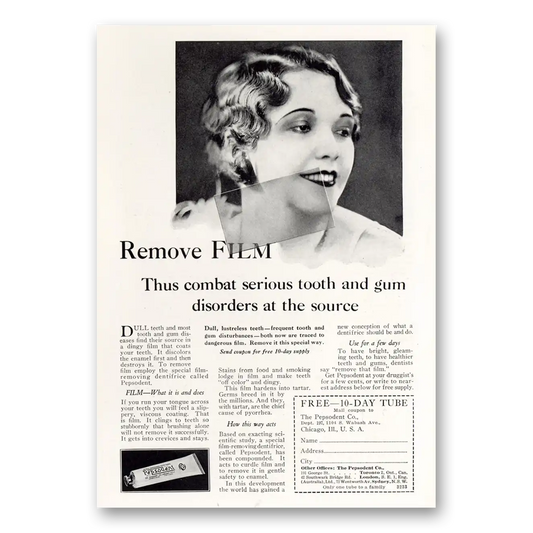 1929 Pepsodent Remove Film Thus Combat Serious Tooth Vintage Magazine Print Ad