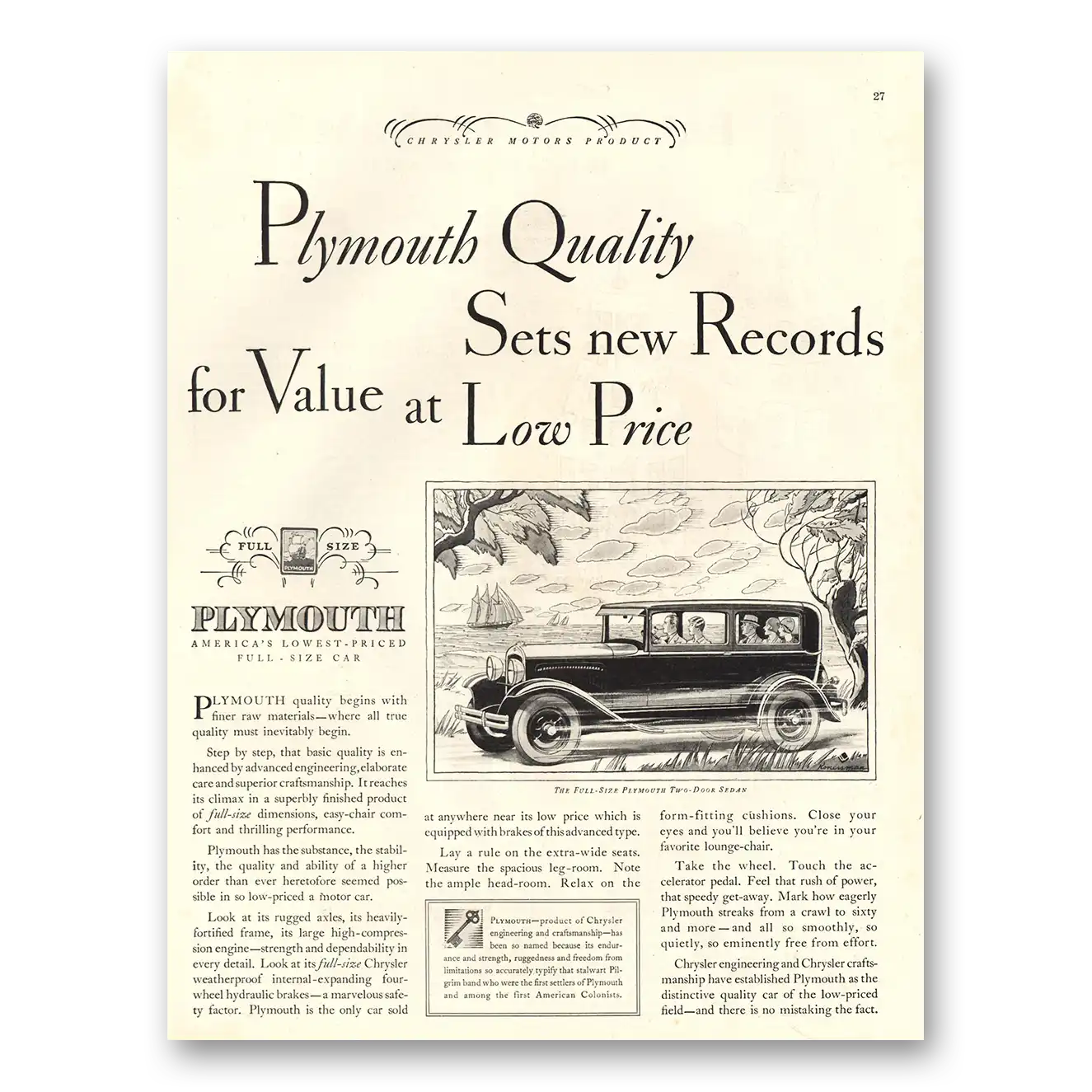 1929 Plymouth Sedan Sets New Records for Value Vintage Magazine Print Ad