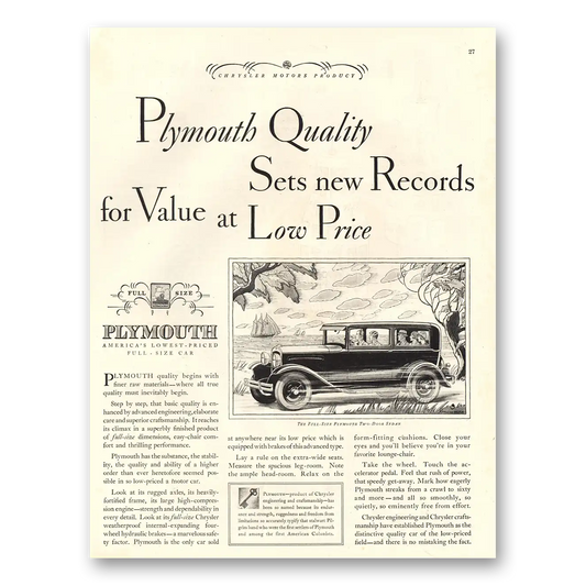 1929 Plymouth Sedan Sets New Records for Value Vintage Magazine Print Ad