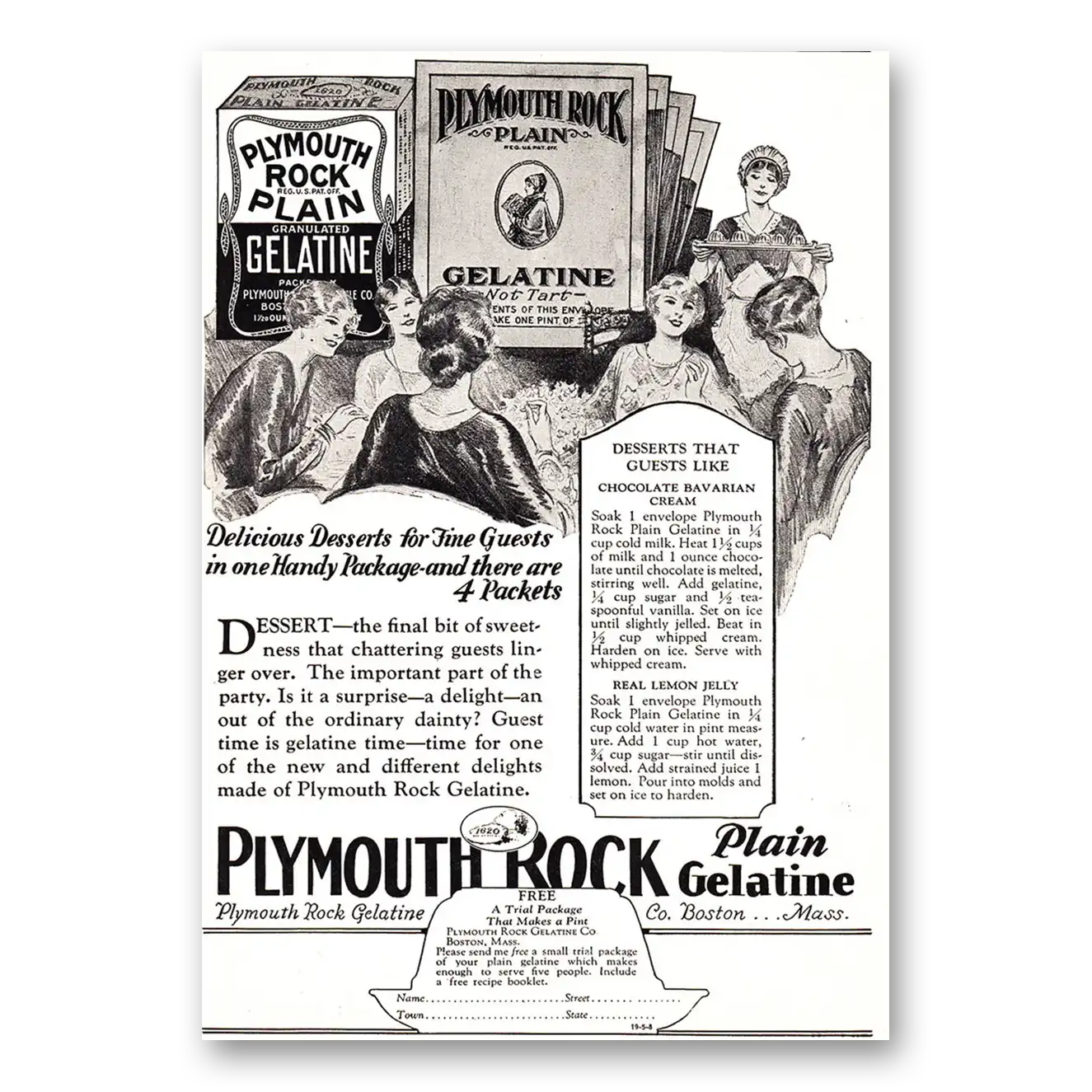 1929 Plymouth Rock Plain Gelatine Delicious Desserts for Fine Guests Vintage Magazine Print Ad