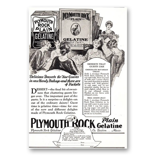 1929 Plymouth Rock Plain Gelatine Delicious Desserts for Fine Guests Vintage Magazine Print Ad