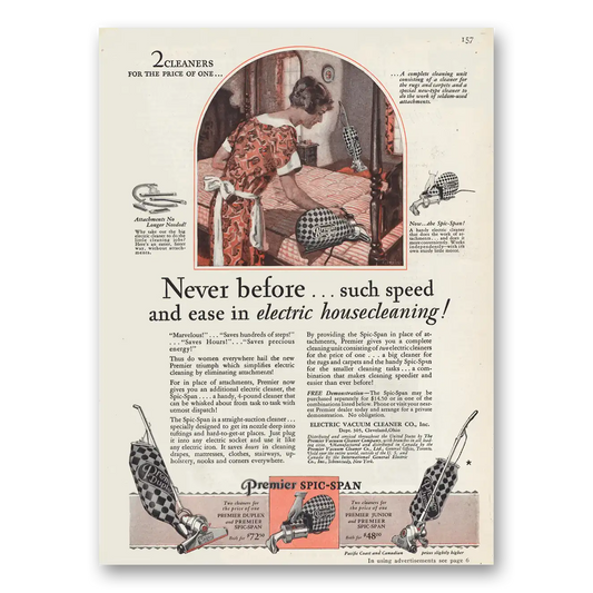 1929 Electric Vacuum Cleaner Premier Spic Span Vacuum Never Before Such Speed Vintage Magazine Print Ad