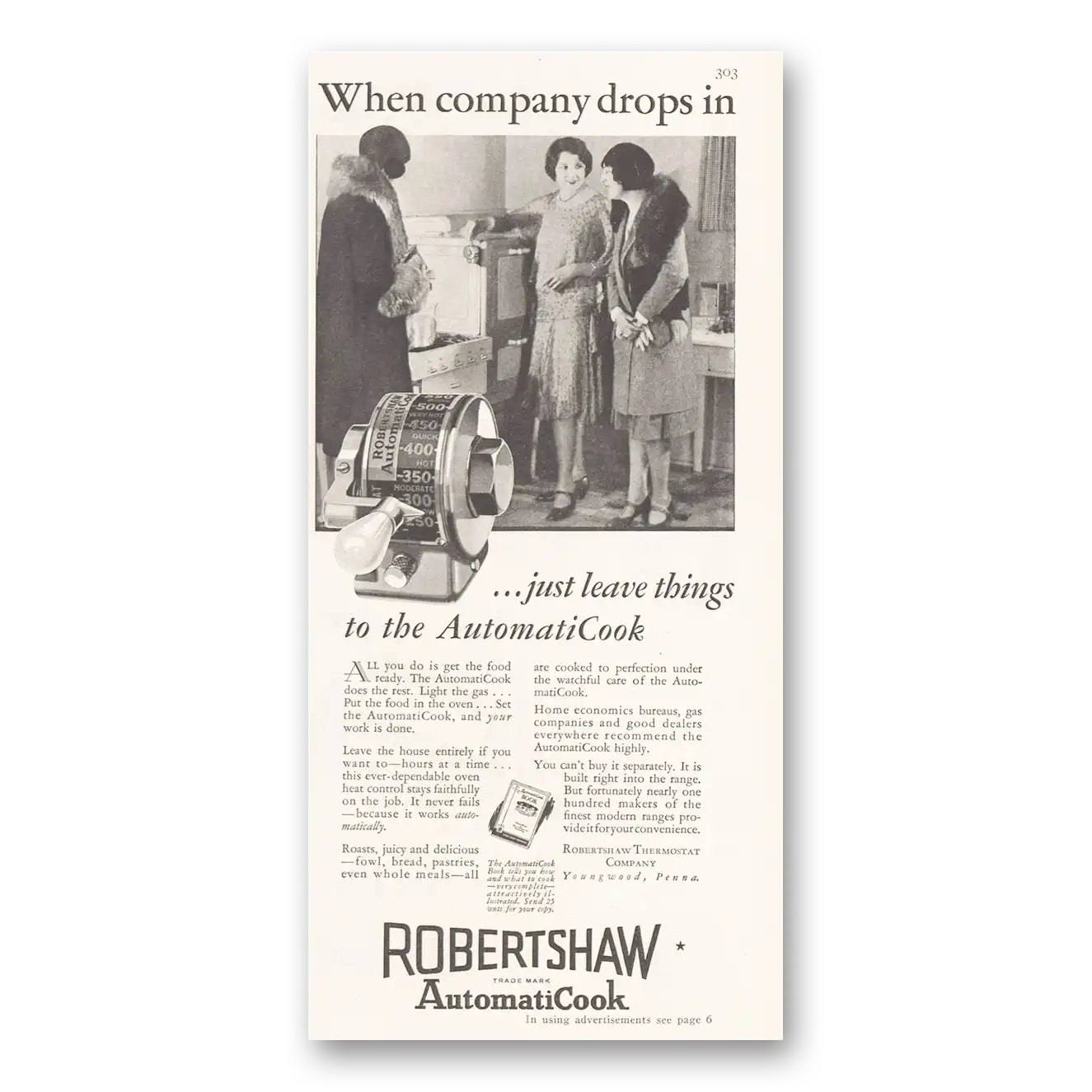 1929 Robertshaw AutomatiCook When Company Drops In Vintage Magazine Print Ad