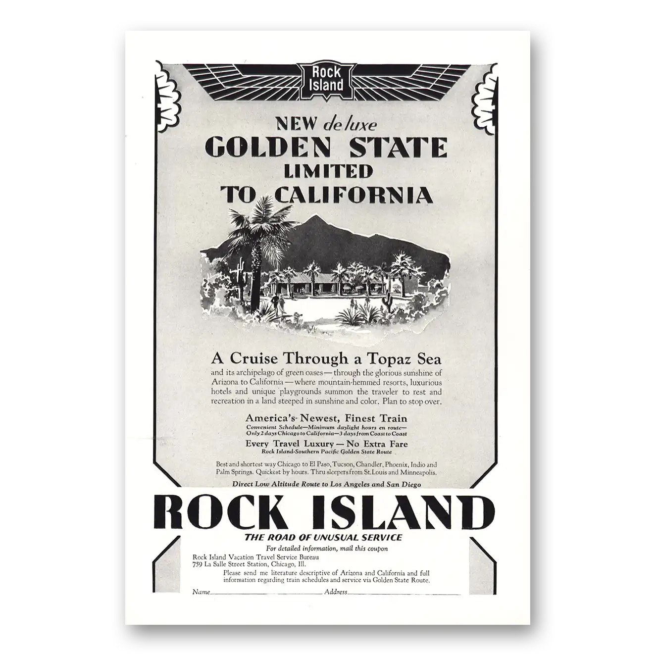 1929 Rock Island Lines Golden State California Vintage Magazine Print Ad