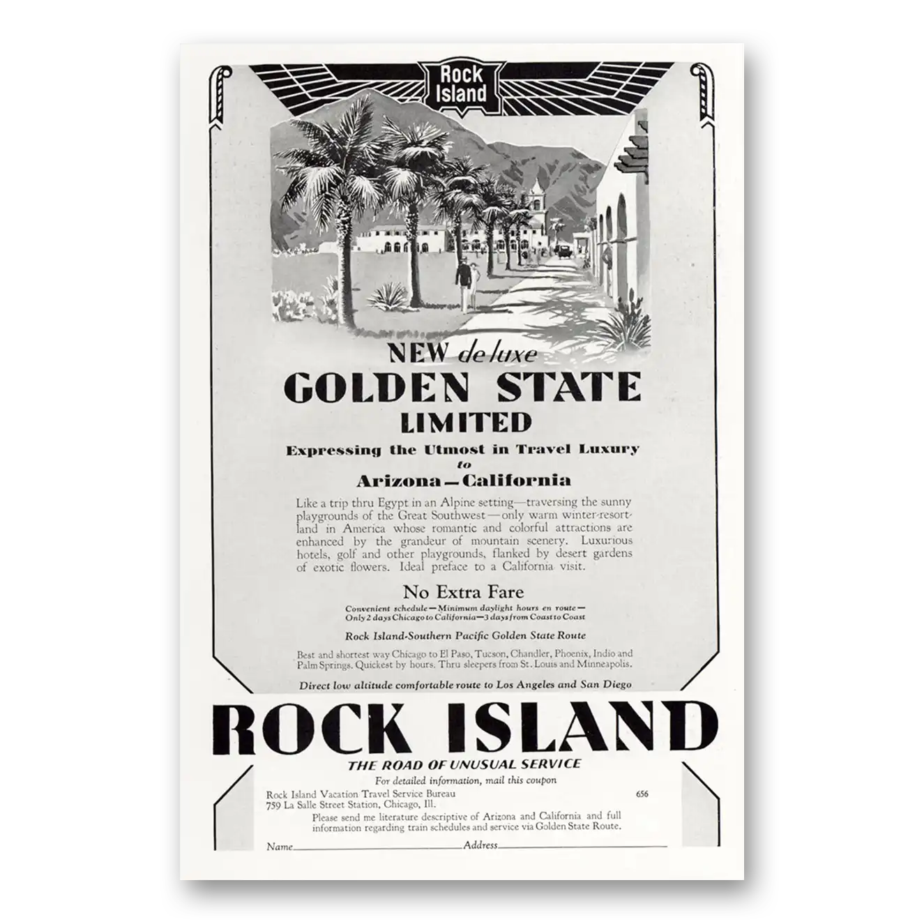 1929 Rock Island Lines Golden State Limited Vintage Magazine Print Ad