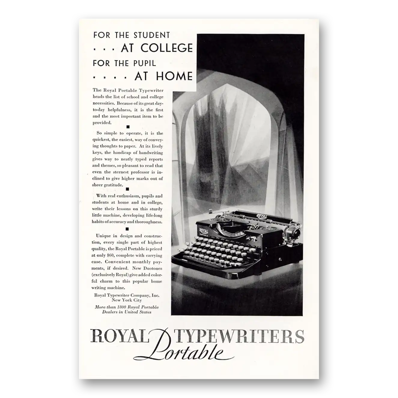 1929 Royal Typewriter For the Student at College Vintage Magazine Print Ad