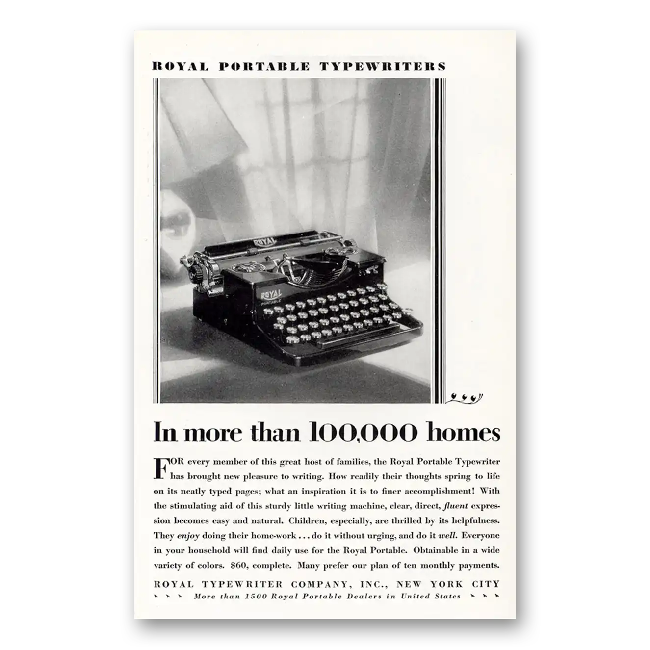 1929 Royal Typewriter More Than 100000 Homes Vintage Magazine Print Ad