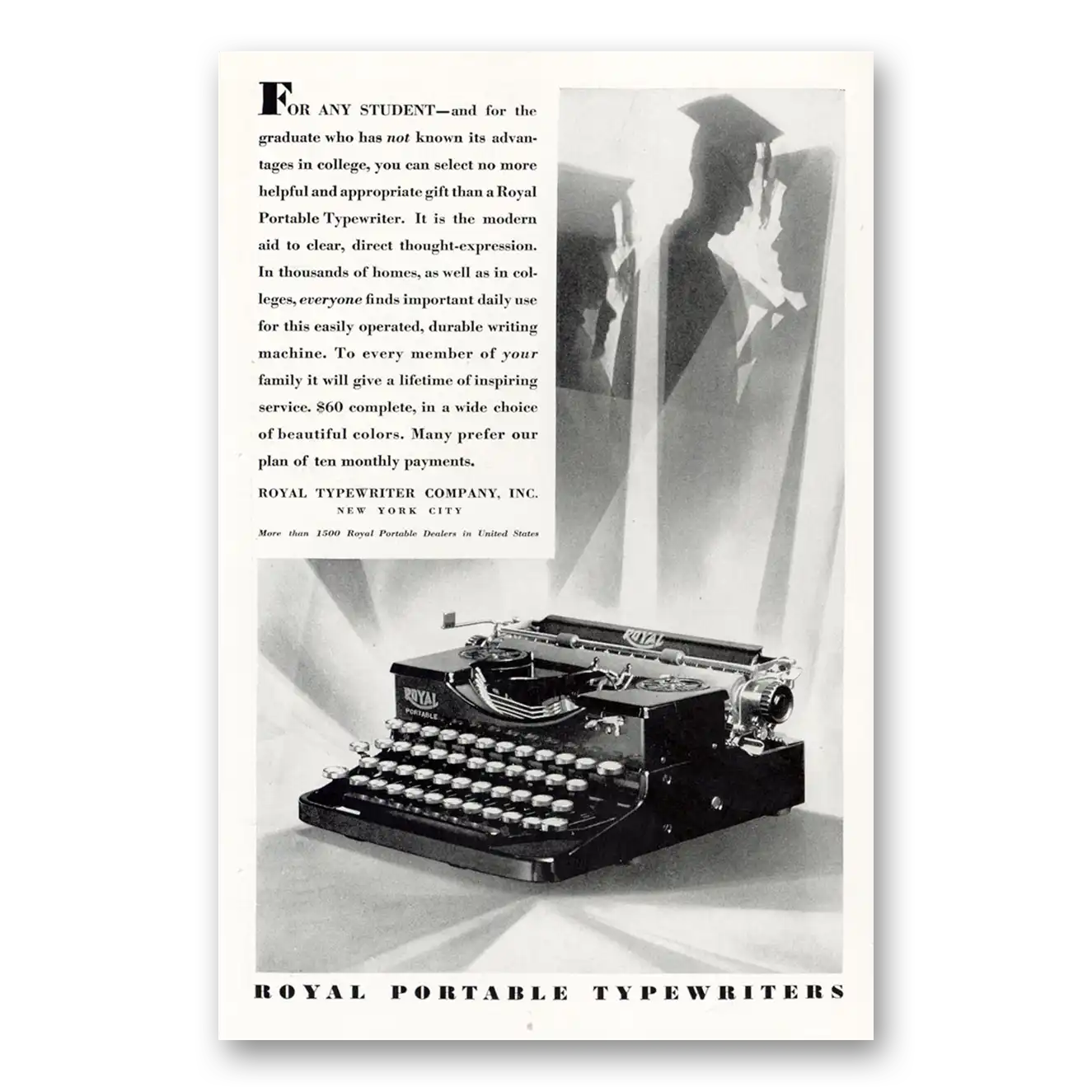 1929 Royal Typewriter For Any Student Vintage Magazine Print Ad