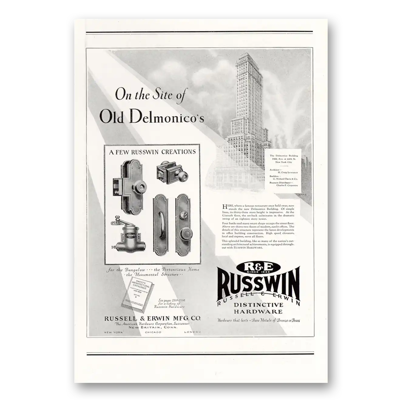 1929 Russwin Hardware Site of Old Delmonincos Vintage Magazine Print Ad