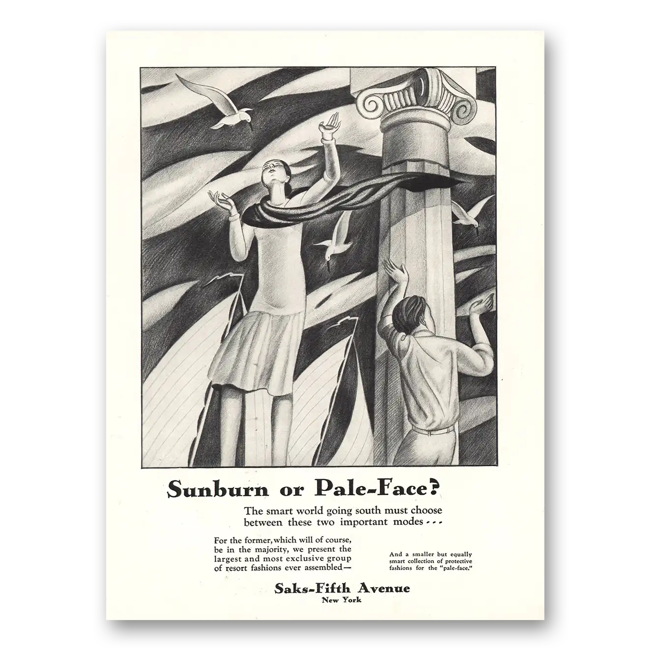 1929 Saks Fifth Avenue Sunburn or Pale Face Vintage Magazine Print Ad